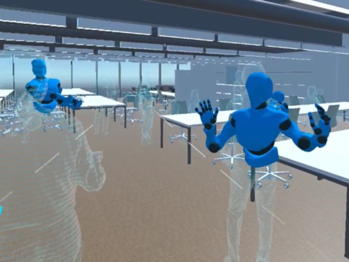 テレワーカー側の視点。VRデバイスを用いて、仮想空間上に構築したオフィスで、オフィスワーカーのアバターと交流できる（出所：日建設計）