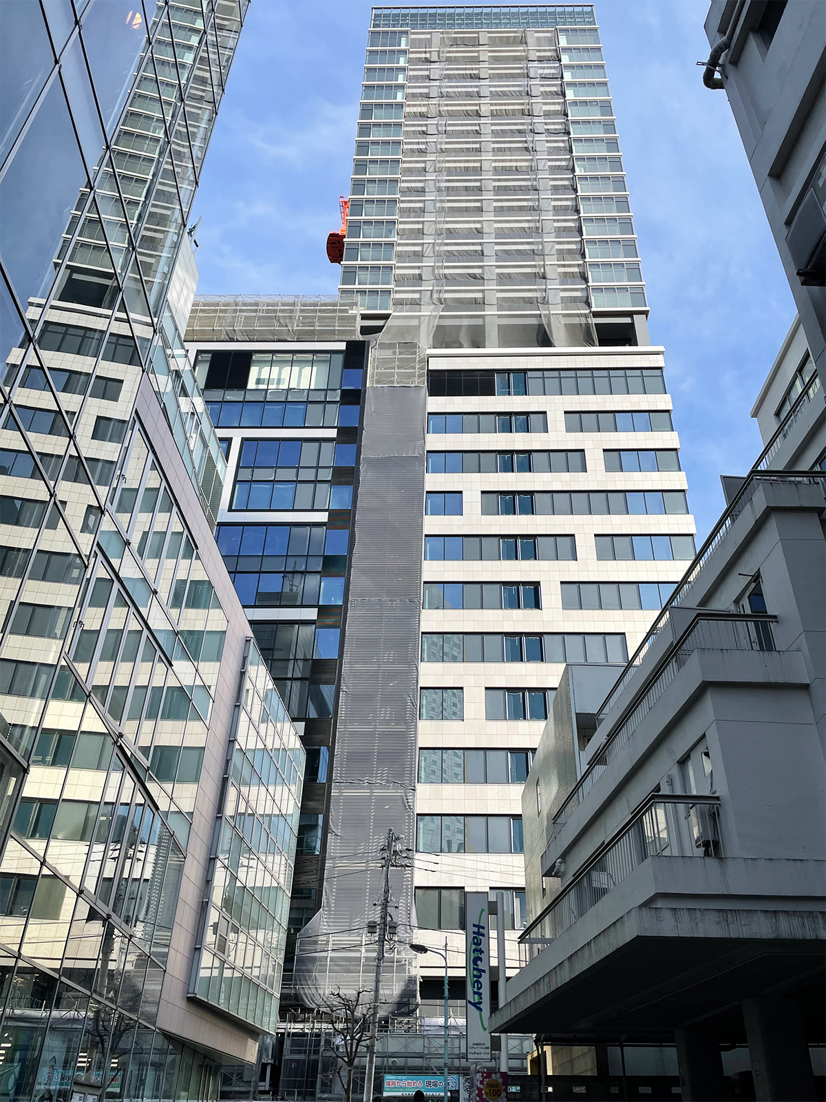 B街区SAKURAタワーの西側立面。16～30階に住宅「ブランズ渋谷桜丘」、6～16階にサービスアパートメント「ハイアット ハウス 東京 渋谷」、5階に子育て支援施設「CTIS Kindergarten, Shibuya（キャピタル東京インターナショナルスクール・CTIS）」が入る（写真：日経クロステック）