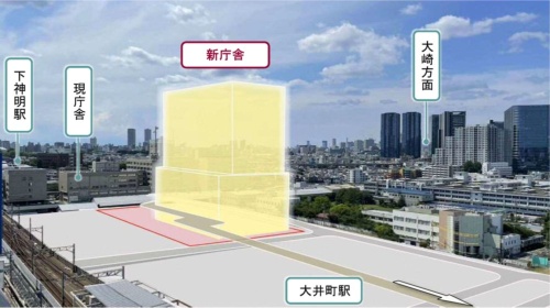 大井町駅側から見た品川区新庁舎のボリューム感のイメージ。15~20階程度を想定する(出所:品川区)
