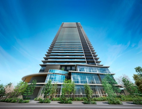 鹿島は開発した制振システム「KaCLASS(カクラス)」をジオタワー大阪十三に初導入する。免震支承や減衰装置などで構成する制御層は、29階と30階の間に設ける。制御層の設置位置は外から見える(出所:阪急阪神不動産)