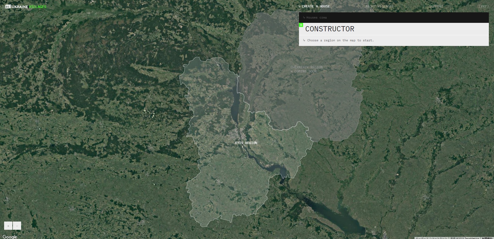 「RE:Ukraine Villages online constructor」の画面。ウクライナの衛星画像から対象エリアを選ぶ（出所：balbek bureau）