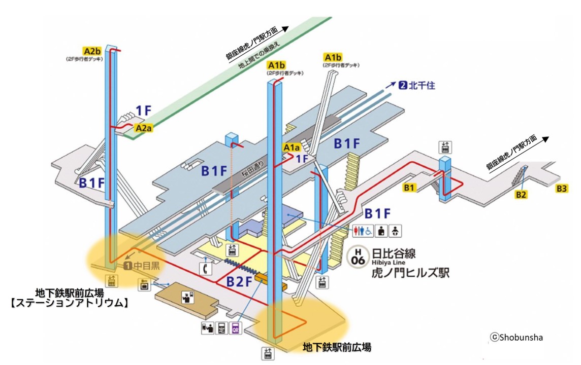 工事完了後の虎ノ門ヒルズ駅構内図。地下2階で駅・駅広場・東西のビルがつながる（出所：東京地下鉄）