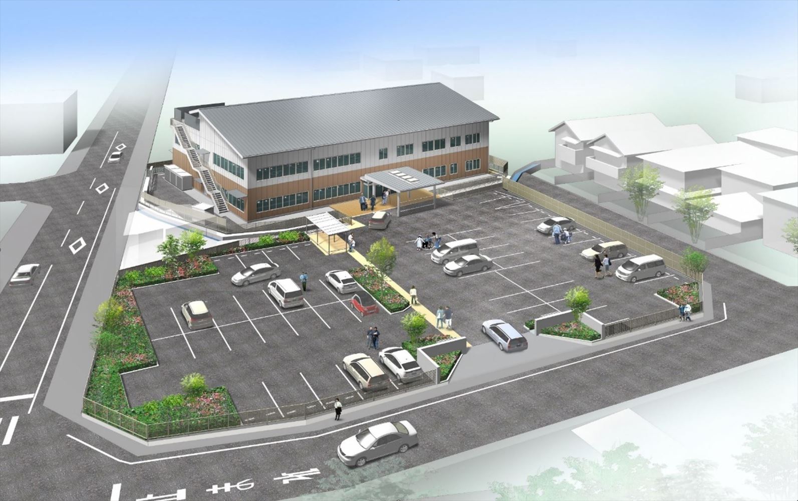 野洲市発達支援センターの完成イメージ。都市ガスを熱源とする温水式床暖房を設置する。既存施設を解体して、発達支援センターの手前に駐車場を整備する（出所：野洲市）