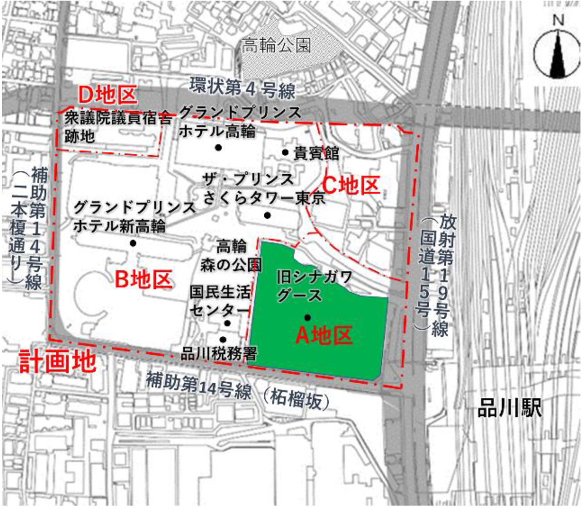 赤線で囲んだエリアが品川駅西口地区。緑色のA地区に、地下4階・地上29階建ての超高層複合ビルが立つ予定だ（出所：京浜急行電鉄）