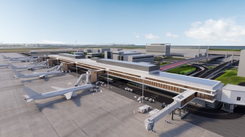 建設が始まった羽田空港第1ターミナル北側にあるサテライト施設のイメージ。発着可能な飛行機は6機となる(出所:日本航空ビルディング)