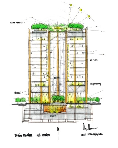 レンゾ・ピアノ氏によるスケッチ。木立のように真っすぐに伸びる木造柱が描かれている(出所:RPBW、三菱地所設計)