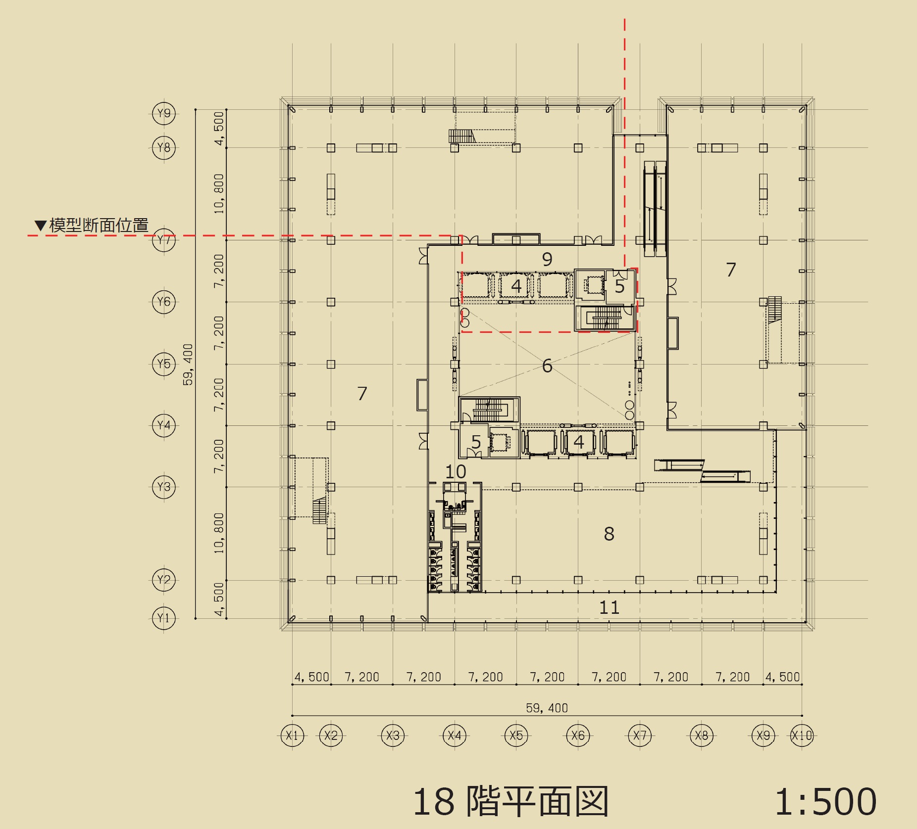 プロトタイプの18階平面図。執務空間内に柱が立っている。中央の吹き抜けを取り巻くように小規模エレベーターを配置し、各階移動にはエスカレーターを併用するアイデアも盛り込んだ（出所：日建設計）