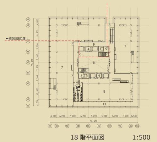 プロトタイプの18階平面図。執務空間内に柱が立っている。中央の吹き抜けを取り巻くように小規模エレベーターを配置し、各階移動にはエスカレーターを併用するアイデアも盛り込んだ(出所:日建設計)