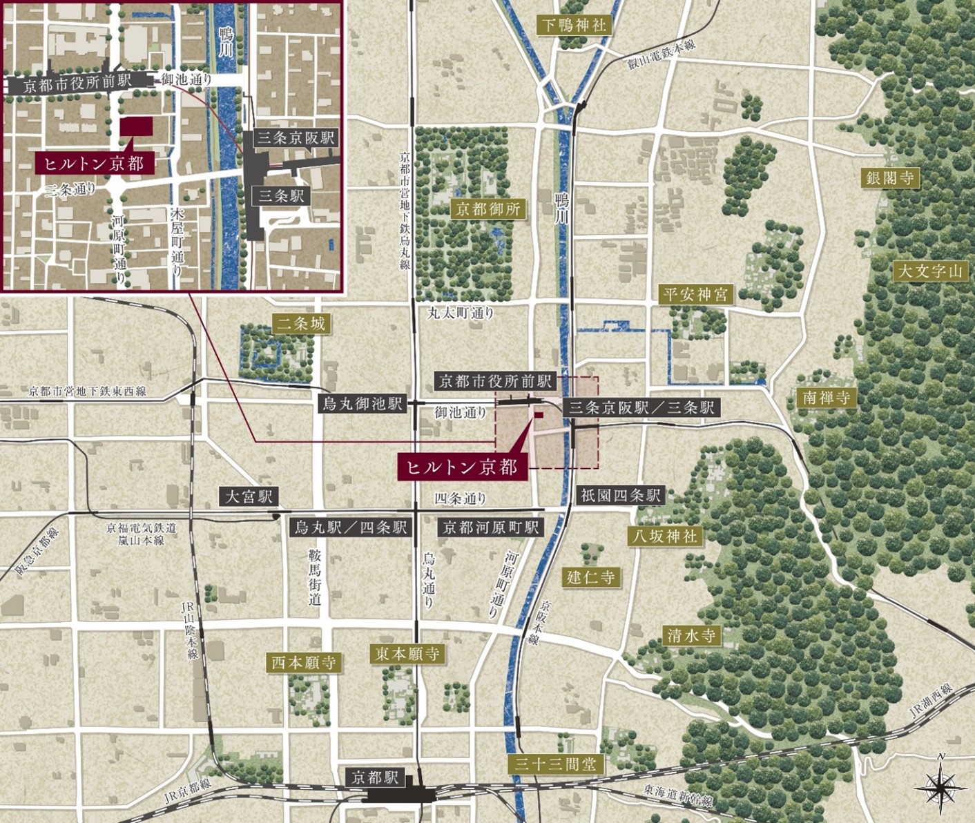 ヒルトン京都の配置図。京都市役所前駅から徒歩圏内の距離に位置する（出所：東京建物）