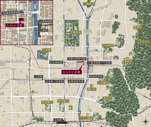 ヒルトン京都の配置図。京都市役所前駅から徒歩圏内の距離に位置する(出所:東京建物)
