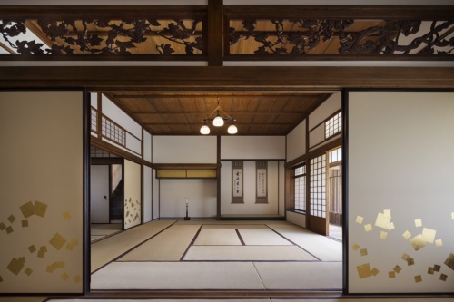 2代・清水喜助が設計・施工した表座敷1階の居間。天井には赤桐(あかぎり)の1枚板が使われている。1878年の竣工当初から原形をとどめる(写真:吉田 誠)