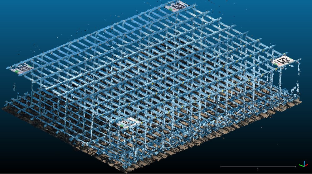 撮影した動画から作成した点群データの全景。主鉄筋と配力筋、あばら筋の点群が得られた（出所：JR東日本、CalTa、建ロボテック、DataLabs）