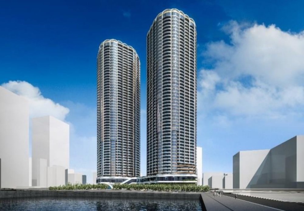 豊海タワーの完成予想図。2つの超高層マンションが並ぶ（出所：三井不動産レジデンシャル）