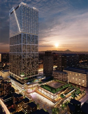 事業者が2023年11月に発表した「NAKANOサンプラザシティ(仮称)」の完成イメージ。7000人を収容するホールや商業施設などが入る高さ262mの超高層ビルと低層棟から成る(出所:野村不動産、東急不動産、住友商事、JR東日本)