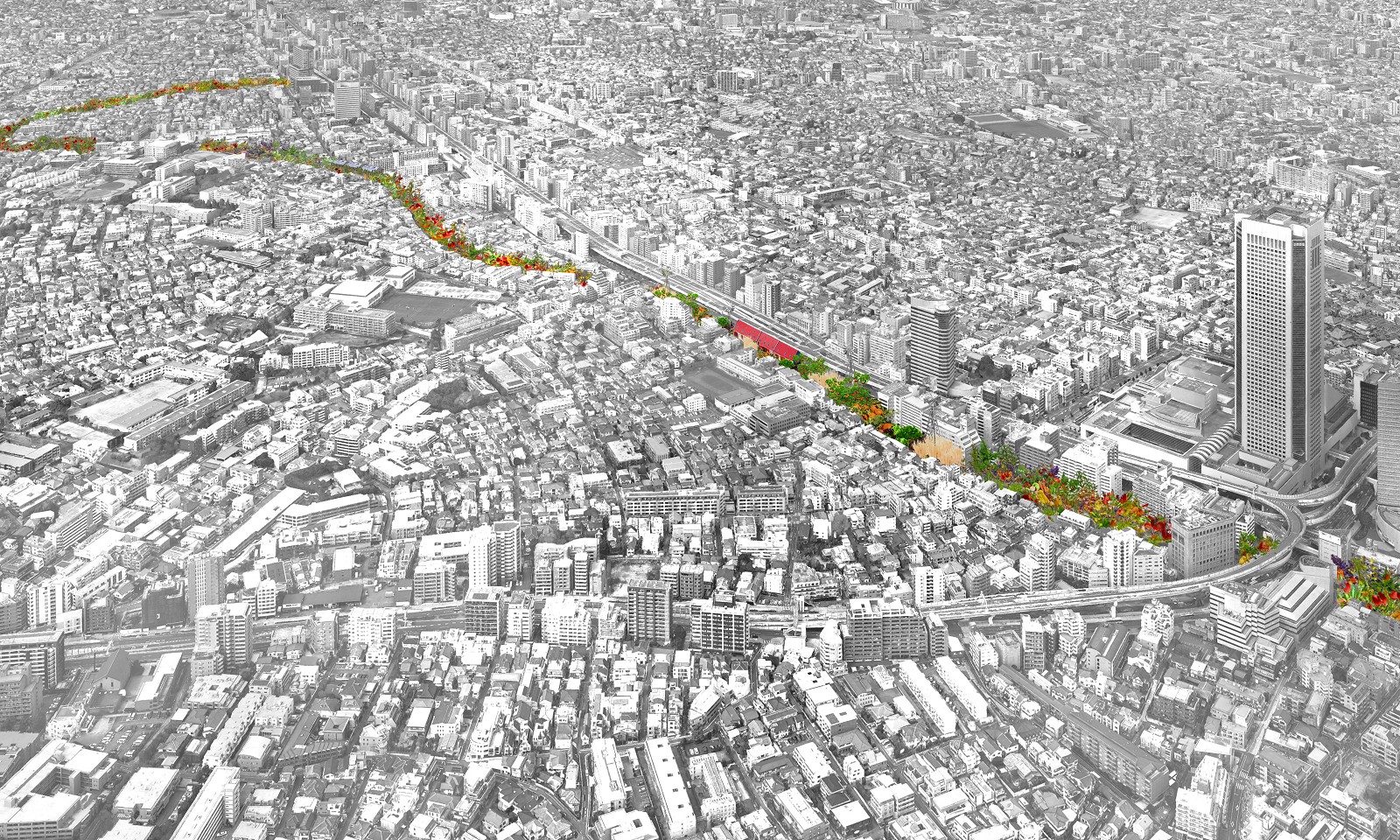 計画のコンセプトのイメージ。約2.6kmにわたって緑道を整備する（出所：Atelier Tsuyoshi Tane Architects）