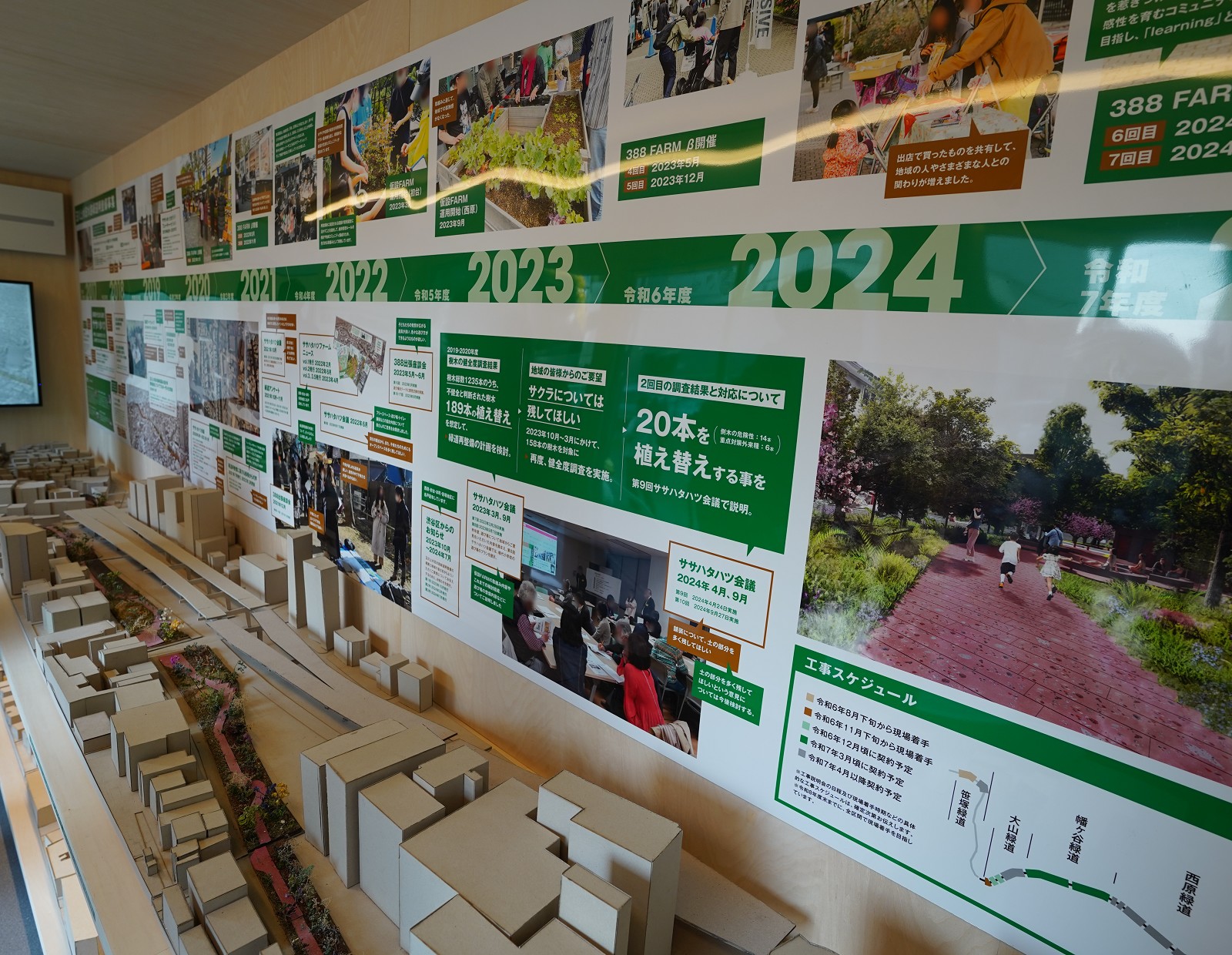 情報発信施設には、計画の経緯などを説明するパネルや模型が展示されている（写真：日経クロステック）