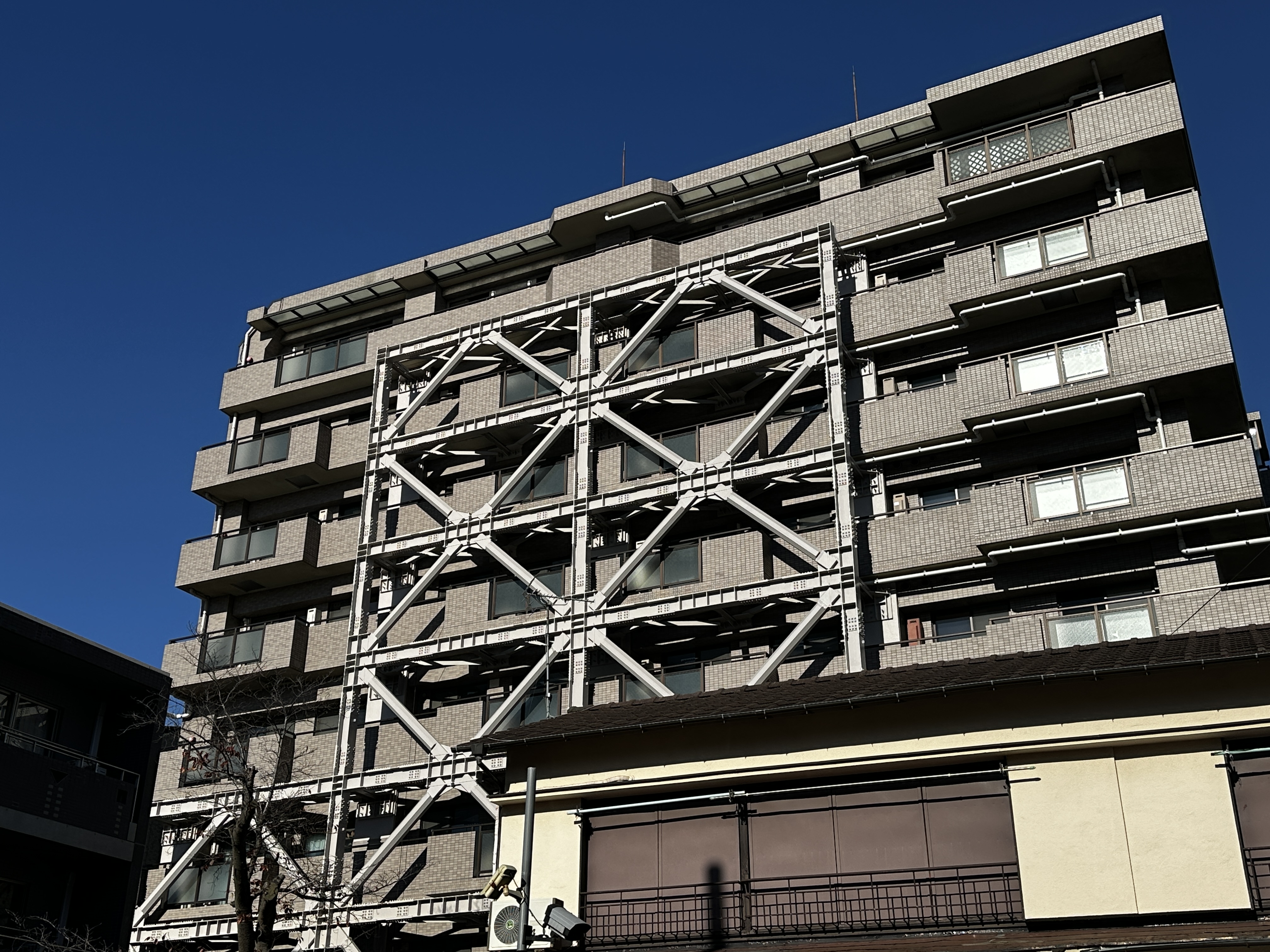 耐震性不足により、南面は鉄骨の外付けブレースで補強されている（写真：日経クロステック）