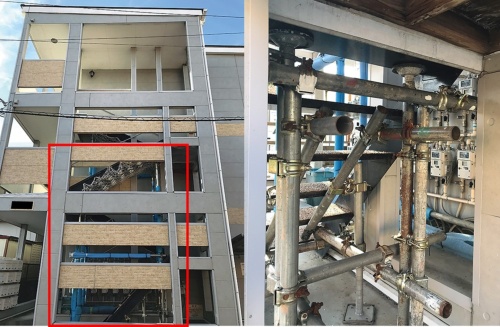 支保工で階段を支える処置を施した物件の例。赤枠で示したのが支保工を取り付けた箇所。22年1月撮影(写真:日経クロステック)