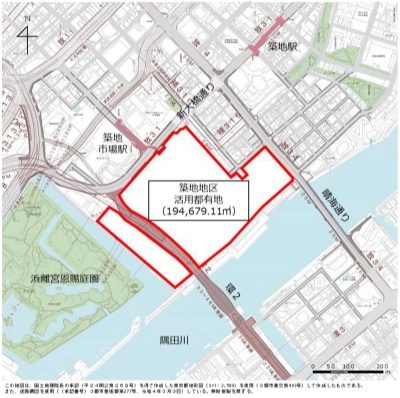 赤線で囲った範囲が「築地地区まちづくり事業」の計画地(出所:東京都)