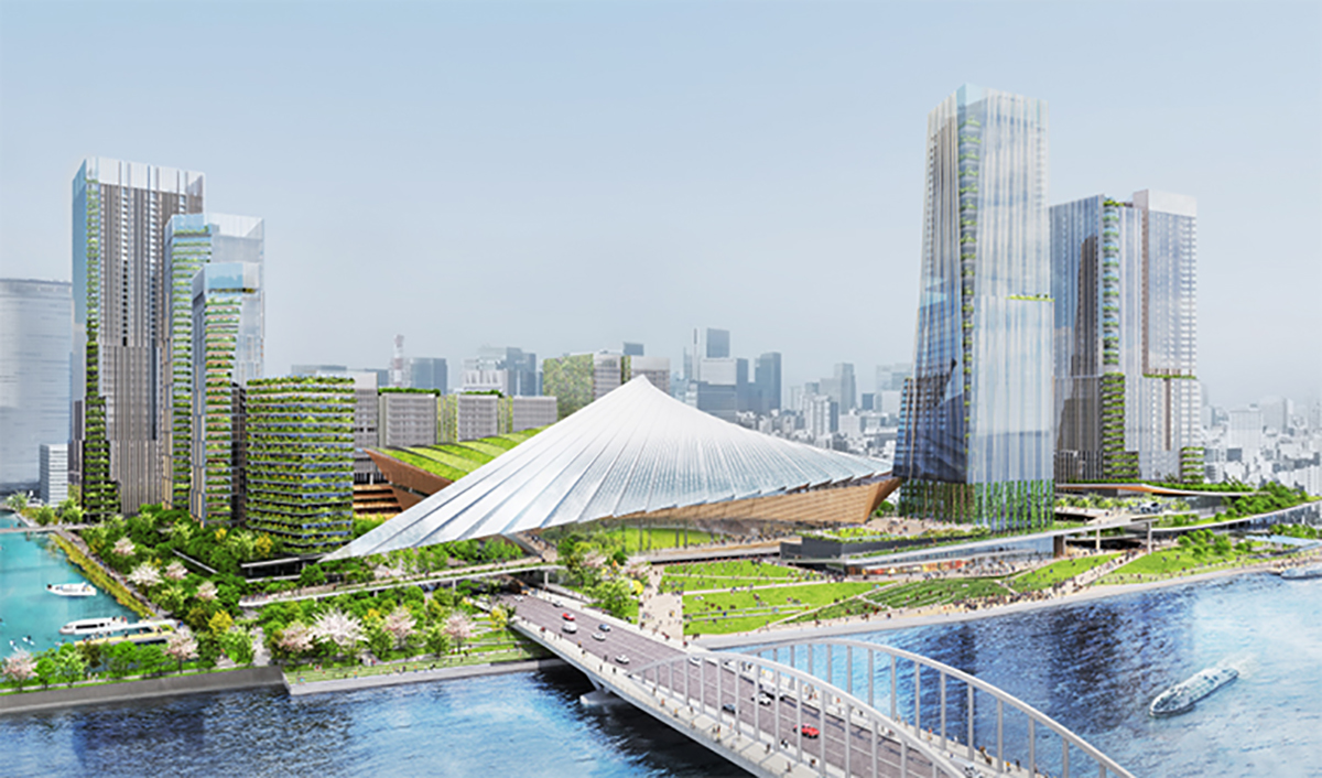 築地地区まちづくり事業の完成イメージ。東京都が事業者を選定した24年4月時点のもの（出所：三井不動産）