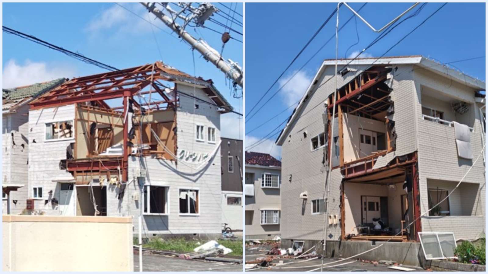 静岡を襲った国内最大級の竜巻、鉄骨建物のALC外壁が飛散 山林に衝突後