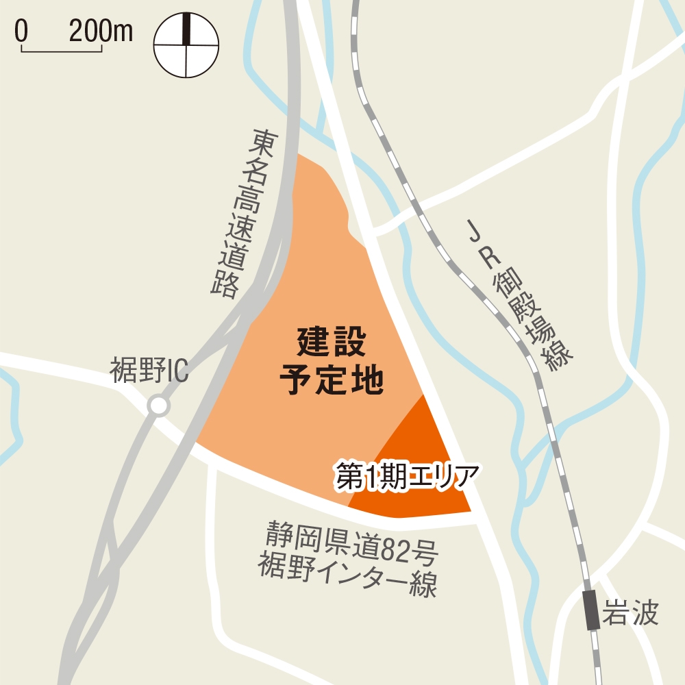 ウーブン・シティの配置図。第1期エリアは三角形に近い敷地形状をしている（出所：日経クロステック）