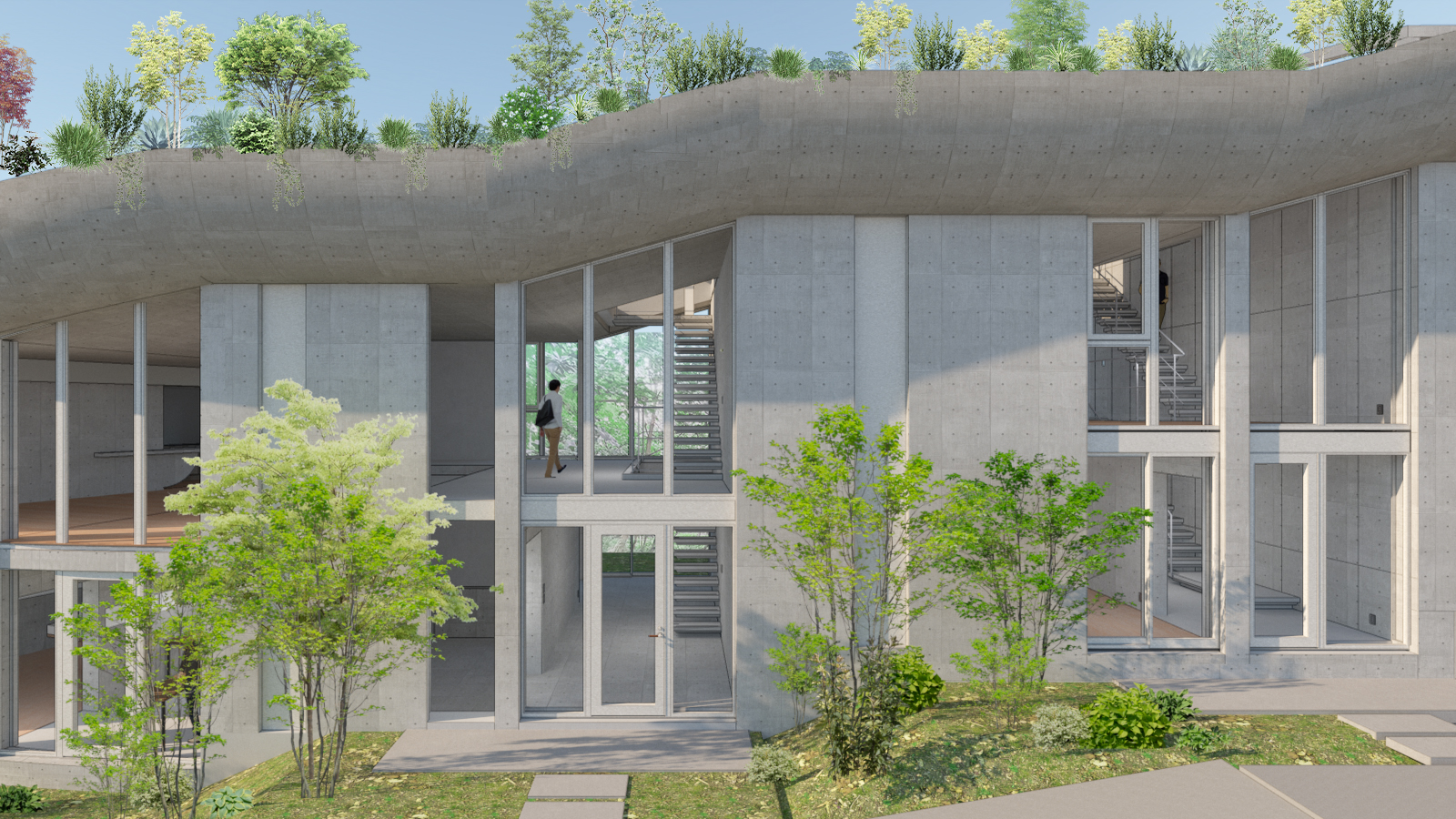 森の中をうねる50m超の大屋根、3Dプリント型枠で具現化 驚きの新工法