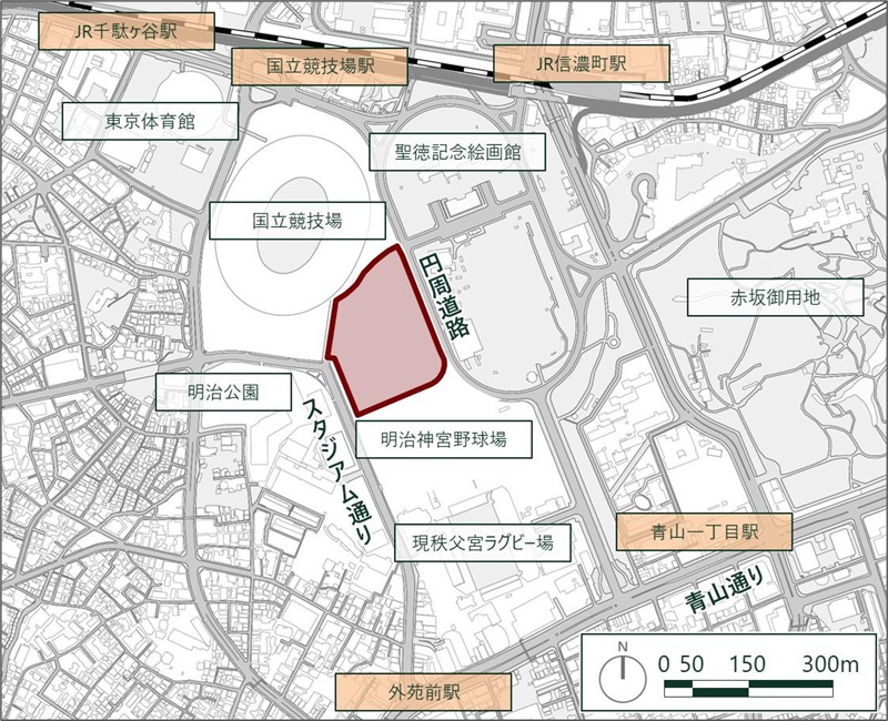 新秩父宮ラグビー場と周辺施設の配置図（出所：秩父宮ラグビー場）