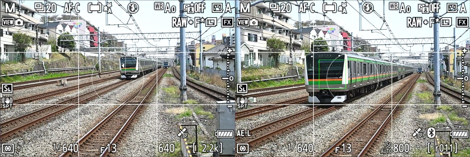 カメラが列車と認識すると、列車の部分に白い枠が表示される（左）。そのままシャッターボタンを半押しするか「AF-ON」ボタンを押すと、枠の位置にピントを合わせる。列車の動きを追尾するのでそのままシャッターを押すだけでよい（右） 