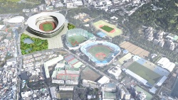 民間提案の新国立競技場の新築案。東京五輪の開催時には屋根を省きコストを抑えて、建設期間を短縮する