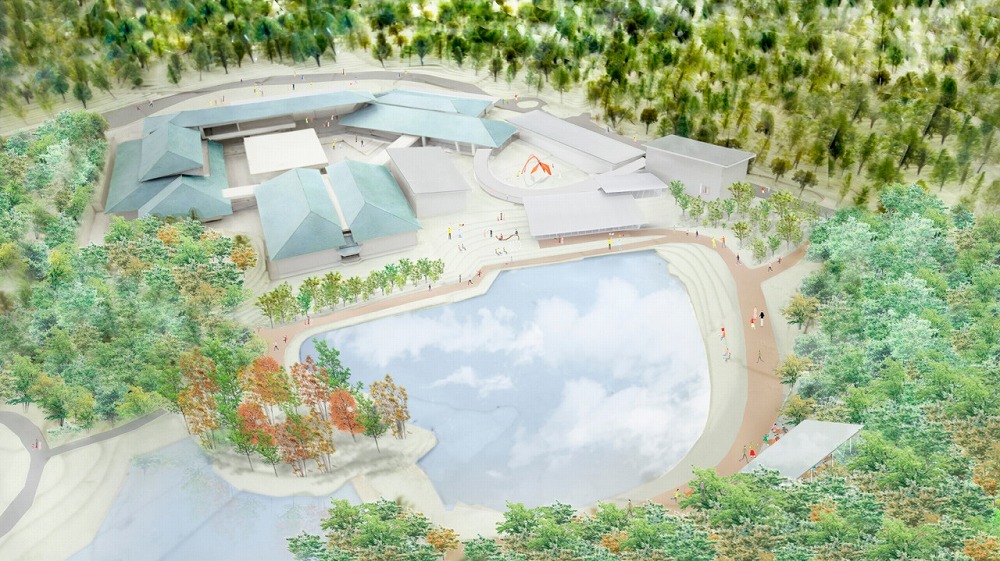 実施設計時の全体の完成イメージ。新生美術館は、滋賀県大津市の「びわこ文化公園」内に整備する。左手の緑色の屋根が既存施設（資料：滋賀県）