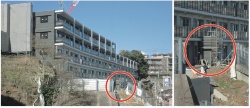 建築確認取り消しとなったB敷地のマンションの東側斜面。中央部に1m四方、高さ3mの突起状の部分が見える（丸で囲った部分）。切り土に当たって、元の地盤を一部だけ残した（写真：横須賀市民法律事務所）