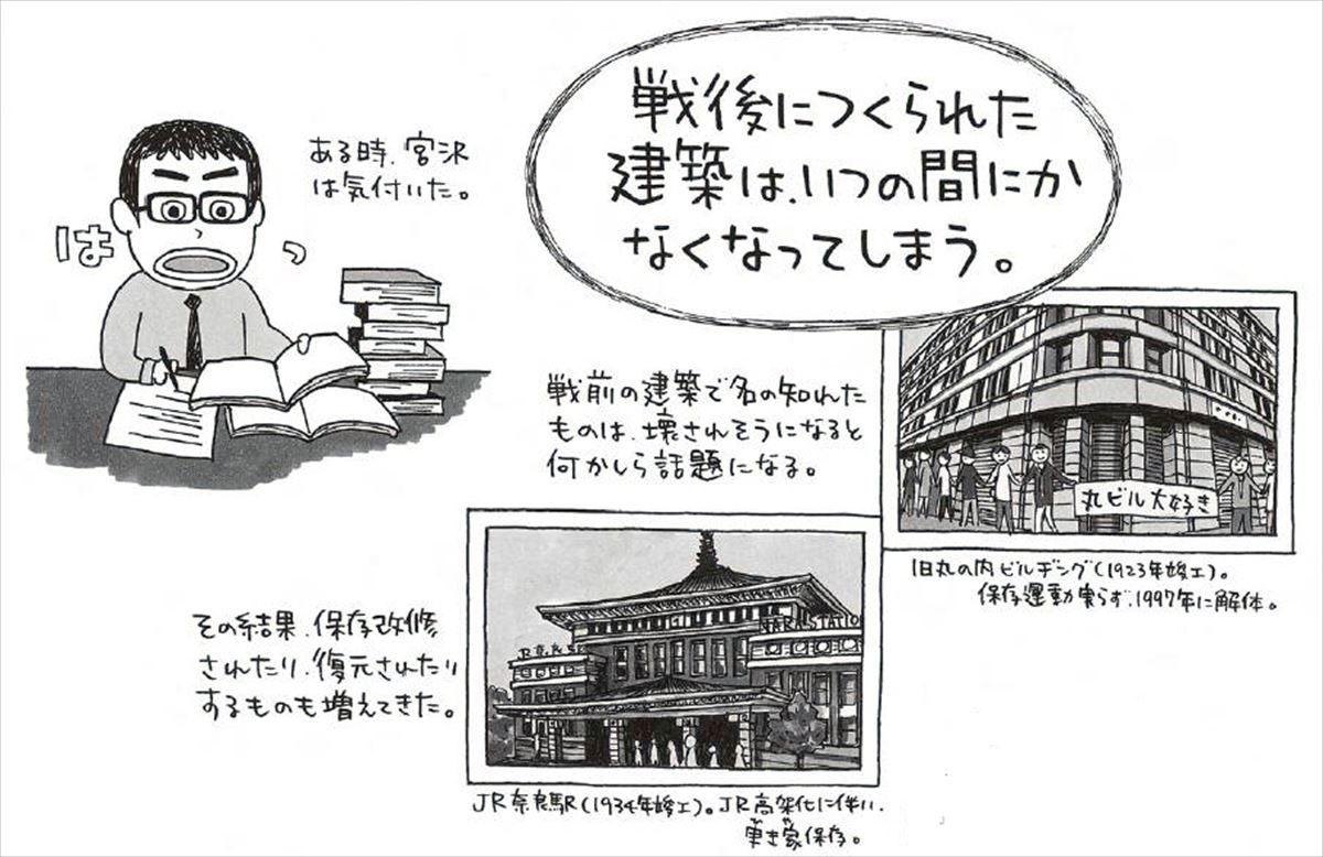  書籍第1巻の「昭和モダン建築巡礼 西日本編」から引用。初期はイラストがモノクロだった（イラスト：宮沢 洋）