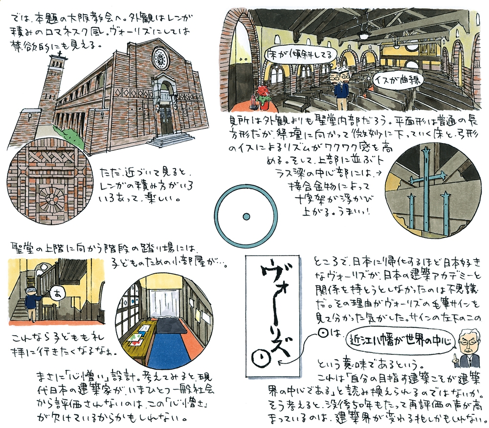  連載100回目となった「日本基督教団大阪教会」（設計：ウィリアム・メレル・ヴォーリズ）のイラストの1枚（イラスト：宮沢 洋）