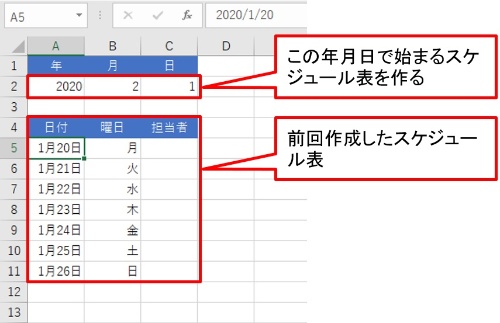 A2:C2に指定した年月日で始まるスケジュール表を作る。ポイントはA5に入れる関数にある