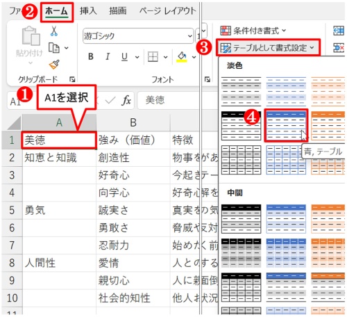 A1を選択し、「ホーム」タブ→「テーブルとして書式設定」ボタン→「青、テーブルスタイル(淡色)9」を選ぶ