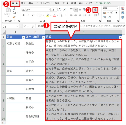 C2:C10を選択して、「ホーム」タブから「折り返して全体を表示する」ボタンをクリックする。引き続きさらに細部を調整する