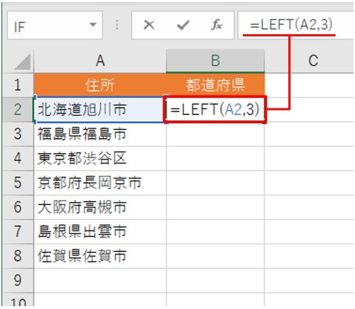 都道府県名が3文字の住所データ。B2を選んで「=LEFT(A2,3)」と入力する