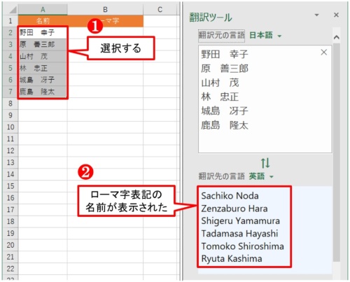翻訳機能がアクティブの状態で、漢字の名前が入力してあるA2:A7を選択する。英文表記（ローマ字表記）の名前が表示される。「翻訳元の言語」が「日本語（検出済み）」（言語の自動検出を意味する）になっていると、「林忠正」が「Lin Zhongzheng」と中国語の読み方で表記され、「山村茂」が「Yamamura Shigeru」と、文字順が「姓」「名」になる。その場合、「翻訳元の言語」を「日本語」に切り替える
