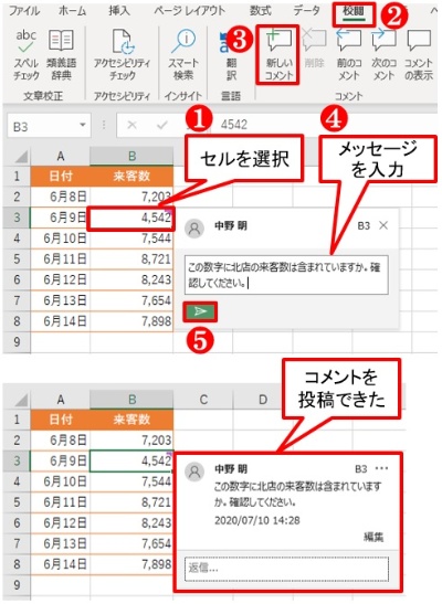 コメント画面を開いて、テキストボックスにコメントを入力する。「投稿」ボタンを押すと、シートにコメントを付けられる。投稿した日時も表示される