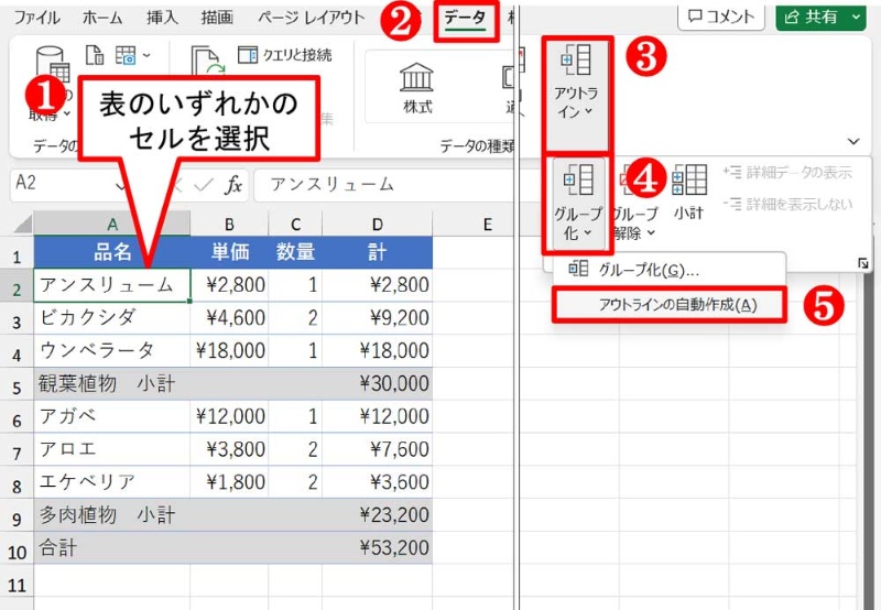 Excelで行をグループ化:データの表示を整理 5 02