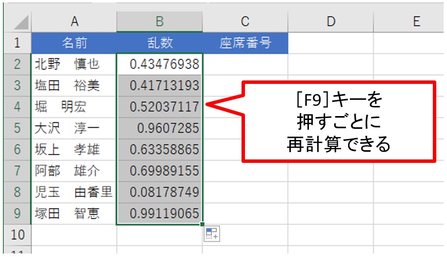 手動で乱数を発生させる方法もある。［F9］キー（機種によっては［Fn］＋［F9］キー）を押してみよう。キーを押すごとに再計算される。また、キーを押し続けると、乱数が次々と発生する