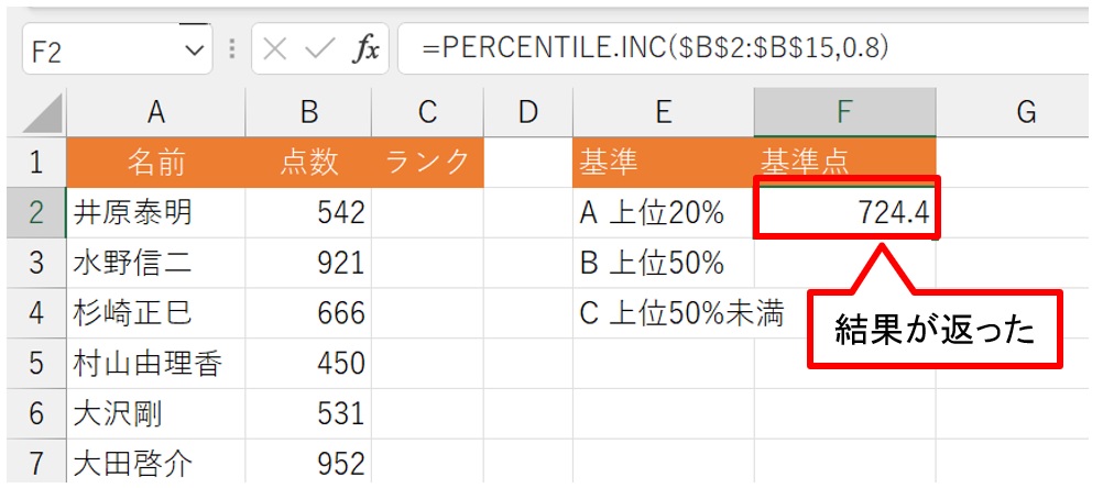 ［Enter］キーを押すと「724.4」の結果が返った。つまり上位20％の点数は「724.4」以上となる