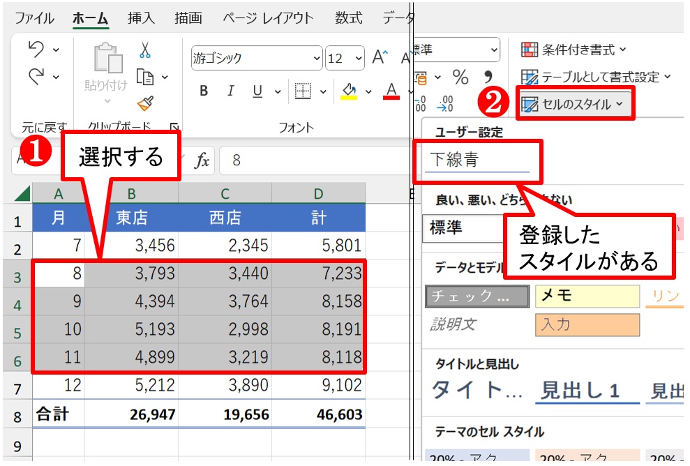 シートに戻ったらA3:D6を選択する。「セルのスタイル」ボタンを押すと、最上部に「ユーザー設定」とあり、そこにいま登録したスタイルがある（図の「下線青」）