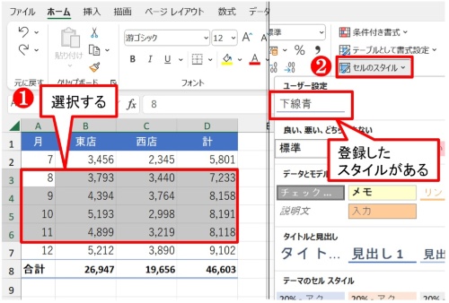 シートに戻ったらA3:D6を選択する。「セルのスタイル」ボタンを押すと、最上部に「ユーザー設定」とあり、そこにいま登録したスタイルがある(図の「下線青」)