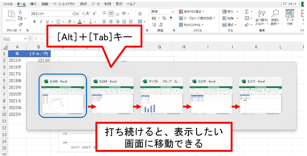 ［Alt］＋［Tab］キーで起動中の画面を一覧表示にした。［Alt］＋［Tab］キーを打ち続けることで、表示したい画面に移動できる