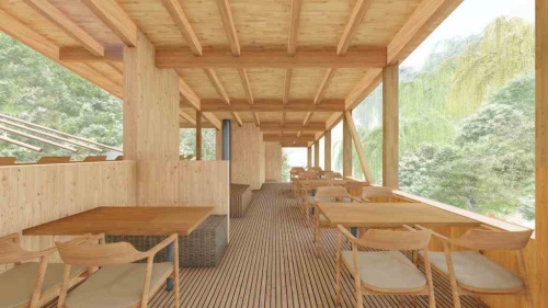 2階食堂。滝観洞の緑豊かな環境に身を置くような開放的な空間とする（資料：アトリエハレトケ・武山大樹建築設計事務所JV）