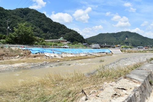 賀茂川の壊れた護岸にブルーシートが掛けられている（写真：日経コンストラクション）