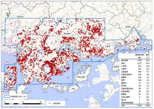 広島県南部で斜面崩壊が生じた地点を赤色で示す。航空写真から手作業で読み解いた（資料：広島大学）