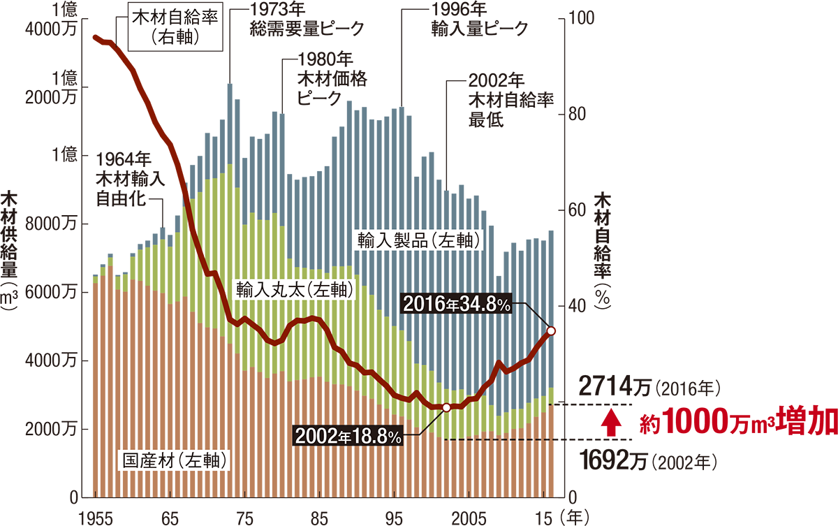 〔図1〕回復しつつある国産材供給量と木材自給率